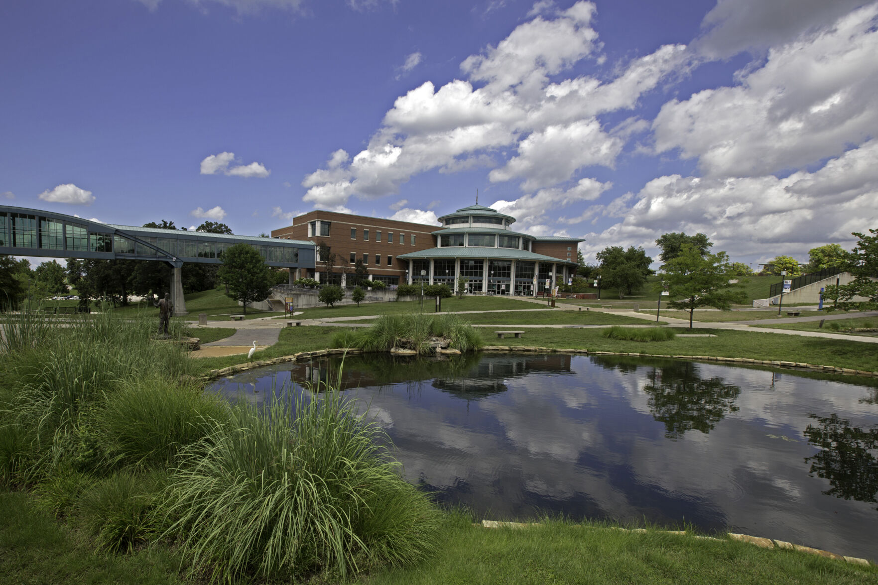 UMSL’s Egret Pond with Wayne Goode Statue. Photo provided by University of Missouri–St. Louis